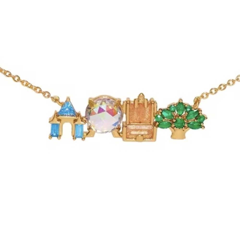 Disney Parks Castle Necklace Gold Jewelry Rhinestone Crystals Diamonds